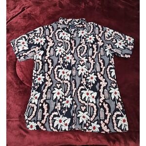 Vintage 80s Hawaiian Shirt Tropical Hibiscus Print Floral Palm Trees Button Up